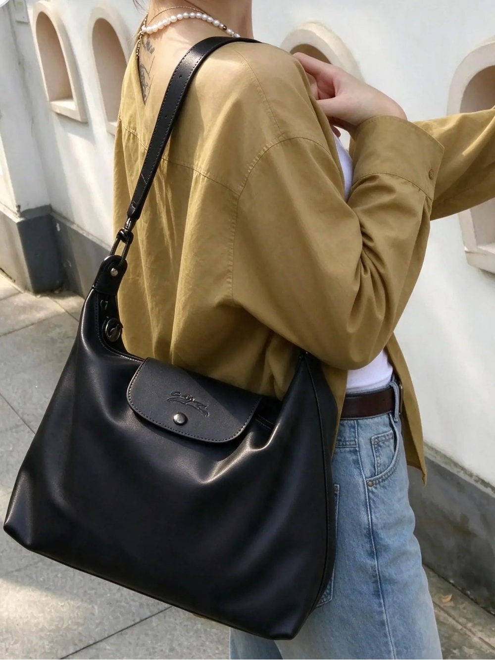 Le Pliage Xtra Leather Hobo Bag M Black